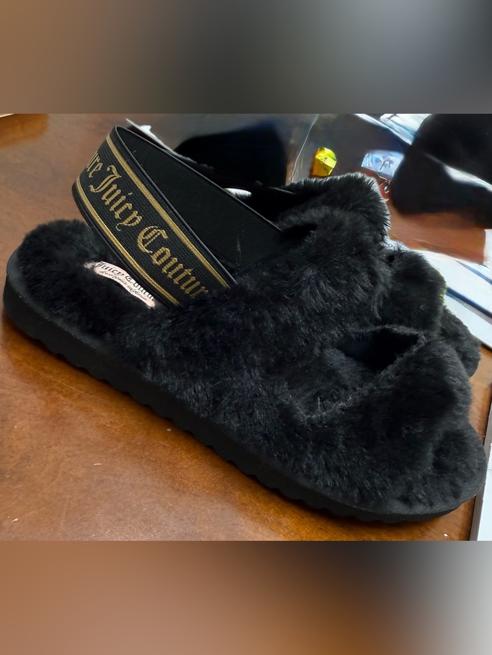Juicy Couture Black Faux Fur Slingback Slippers Size 7🖤 - Picture 3 of 4